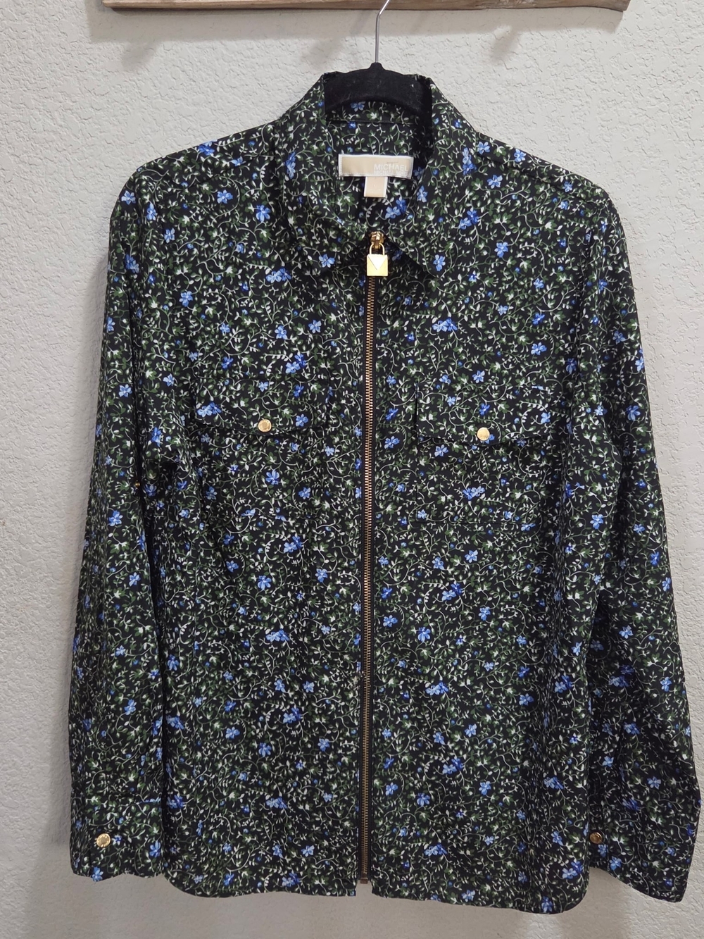 Michael Kors Black Floral Zip-Front Blouse with Blue Accents